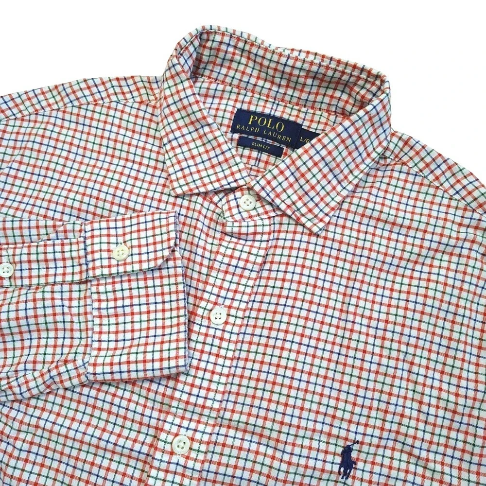 Polo Ralph Lauren Button Down Shirt Mens Large Slim Fit Orange Green Plaid Check